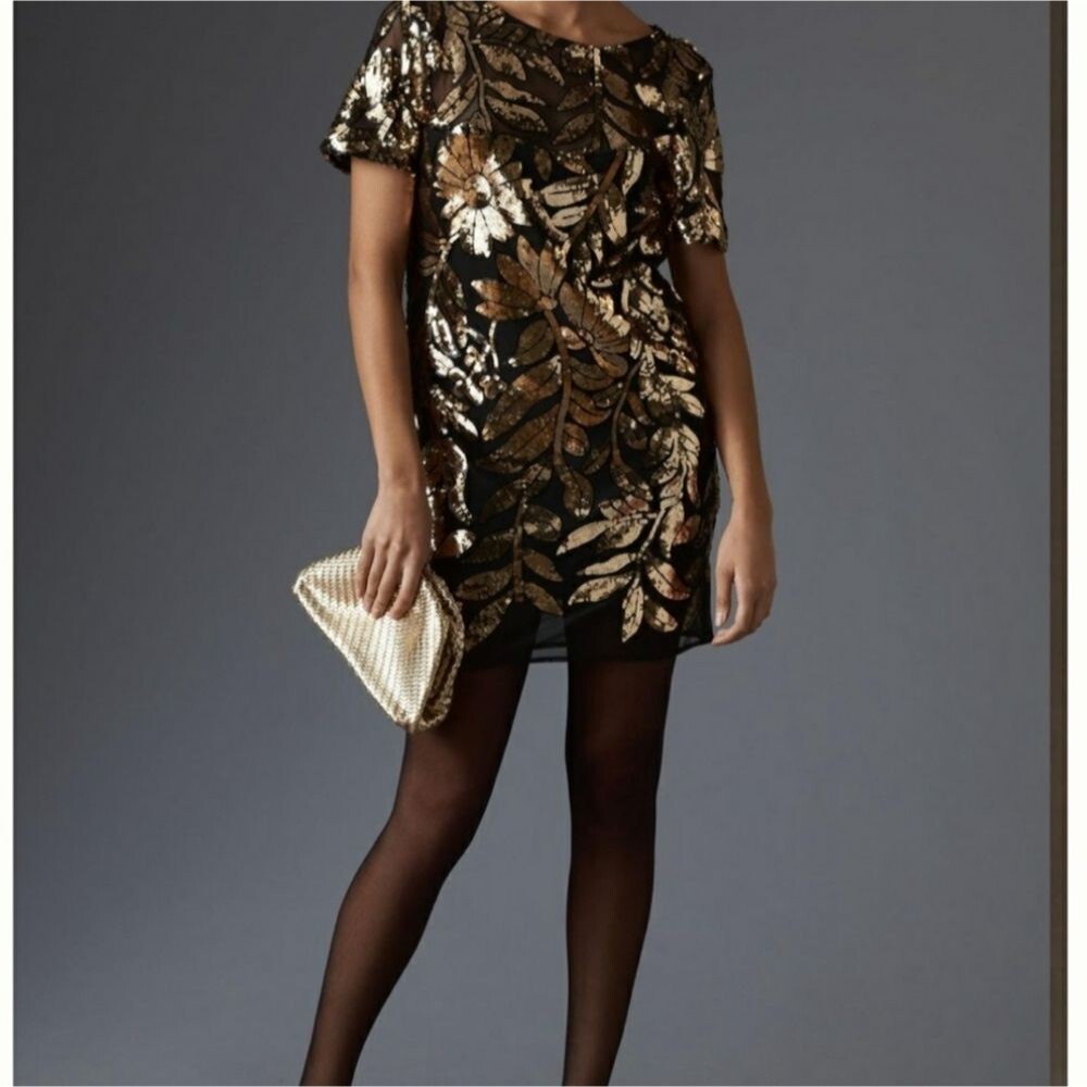 Maeve Anthropologie Short Sleeve Sheer Embellished Mini Dress Black Gold Size SP - Picture 6 of 15